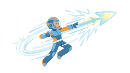 Fototapeta premium Dynamic Futuristic Character Flying and Launching Energy Bolt, Cartoon Vector