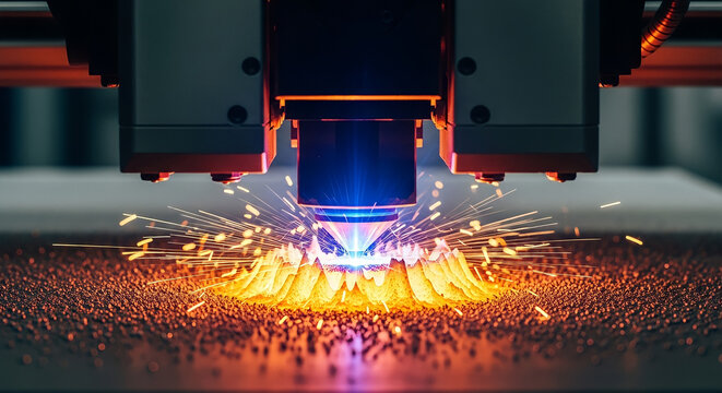 Laser Metal 3D Printer Melting Titanium Powder with Glowing Sparks