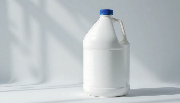 White plastic jug with blue cap, household cleaning product bottle. 1 gallon jug