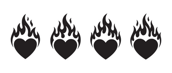 Flaming Heart Icons Set. Black Silhouette Vector Illustration for Valentine or Passion Design. © Safali