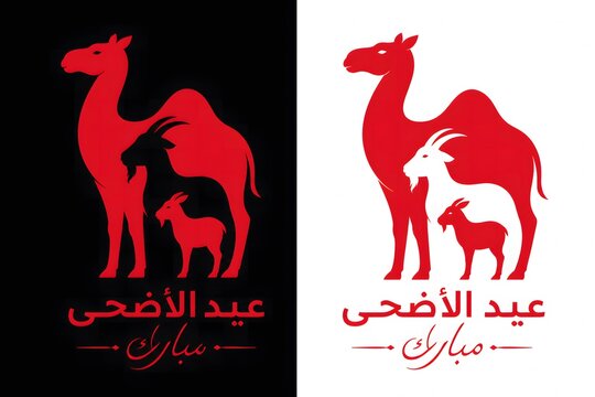 Eid al-Adha Islamic Holiday Greeting with Camel and Goat Silhouettes in Red