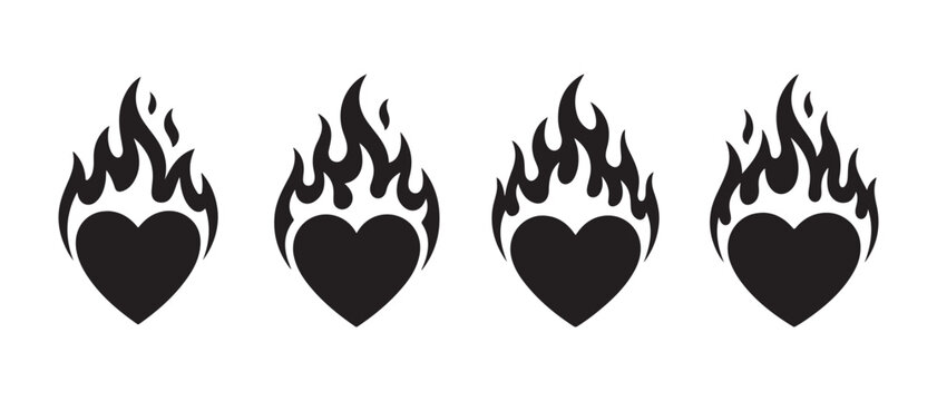 Flaming Heart Icons Set. Black Silhouette Vector Illustration for Valentine or Passion Design.