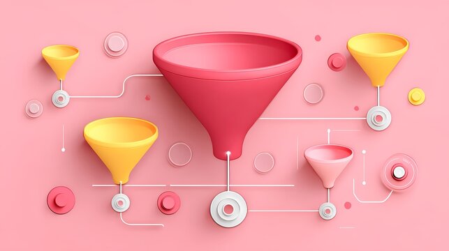 Abstract 3D marketing funnel concept with pink and yellow filters connected by lines for sales conversion and data processing visualization