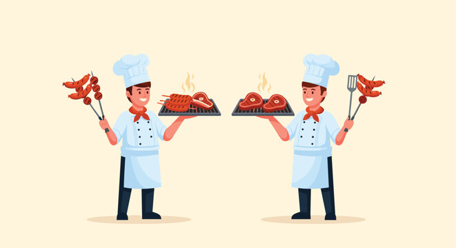 Two professional chefs in white uniforms smile while presenting plates of perfectly grilled steaks and skewers of meat in a kitchen setting.