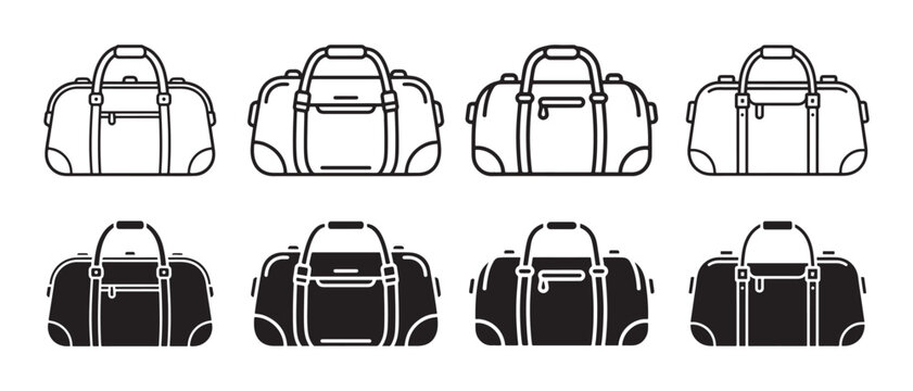 Travel Duffle Bag Outline Icons Set. with Blue and White Backgrounds for Fitness, Gym, and Journey Concepts.