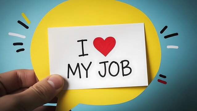 I Love My Job handwritten note with red heart, career satisfaction concept, employee engagement and workplace happiness on blue background