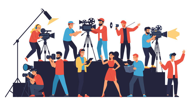 Large production crew of professional filmmakers and actors working on a movie set with cameras, lights, and equipment.