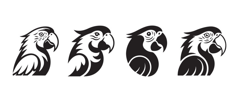 Macaw Head Illustrations. in Black and White, Perfect for Logo Design and Graphic Elements.