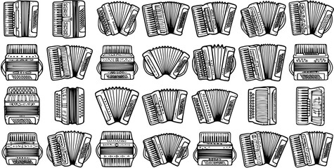 Music Industry Black and White Line Art Accordions Set. Hand-drawn Outline Collection of Vintage and Modern Accordion Icons for Musical Entertainment. © pixsource