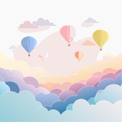 Fototapeta premium Whimsical Journey Colorful Hot Air Balloons Gracefully Float Above a Serene Dreamscape of Pastel Clouds