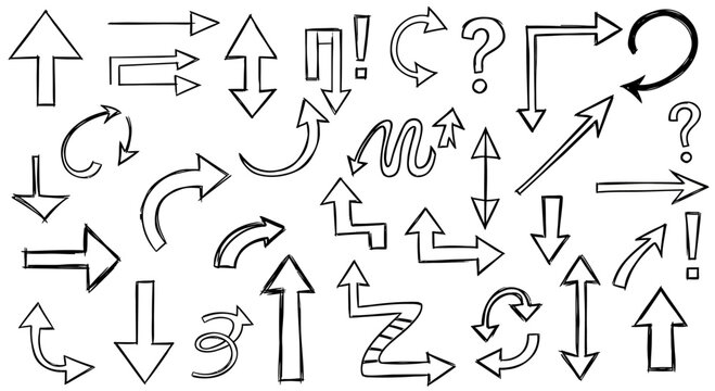 Hand drawn doodle arrows collection vector set on white background.