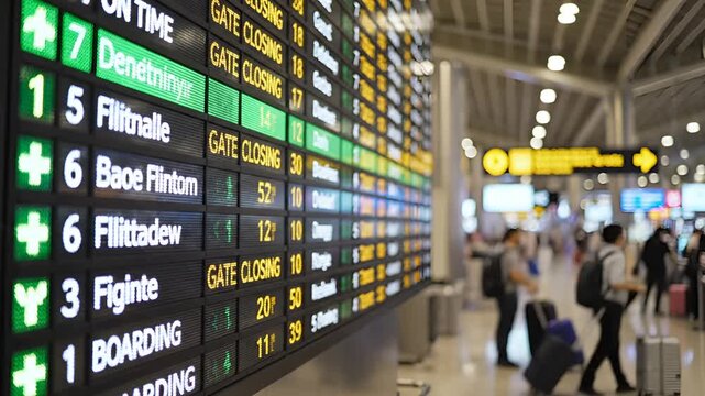 Airport Departure Board Information Display Screen with Travelers.