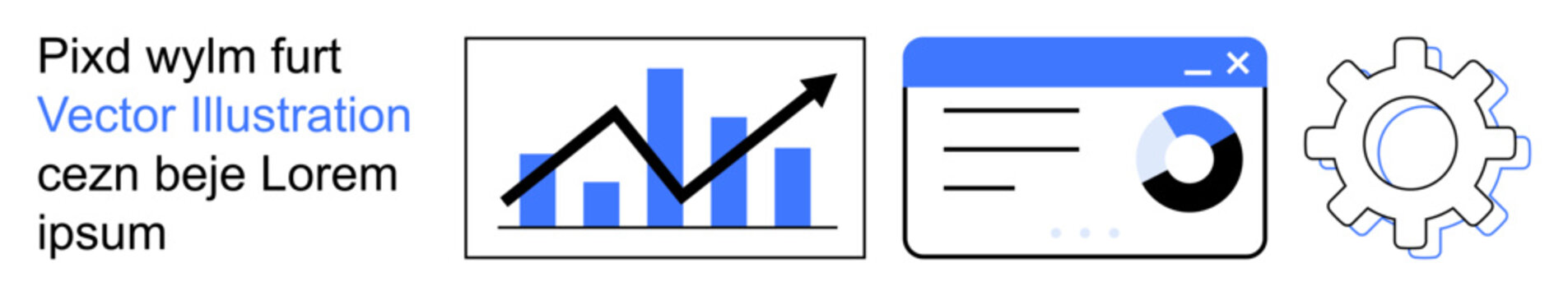 Business analytics, data visualization, workflow processes, technology solutions, software interfaces, professional tools. Bar graph, arrow settings symbol and UI elements. Business analytics