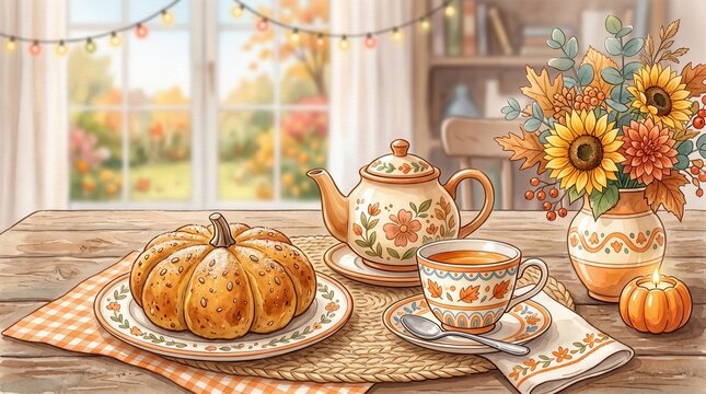 Pumpkin bread and hot tea sit on a rustic wooden table with fall flowers by a window