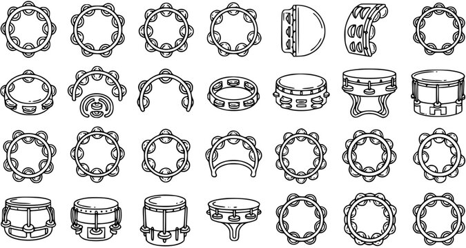 Music Industry Percussion Instruments Black and White Line Art Icons Set. Hand-drawn Outline Collection of Tambourines and Drums for Rhythm and Musical Themes.