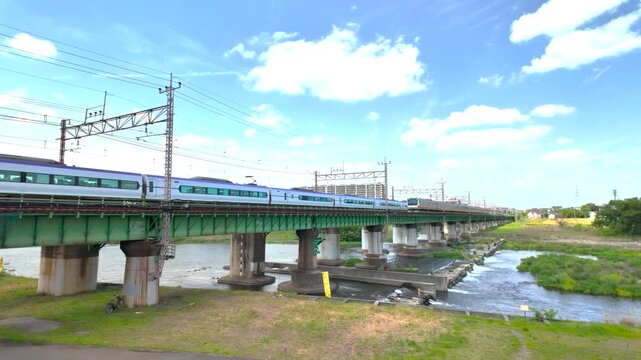 JR中央線・多摩川橋梁で交差する　特急E353系とE233系