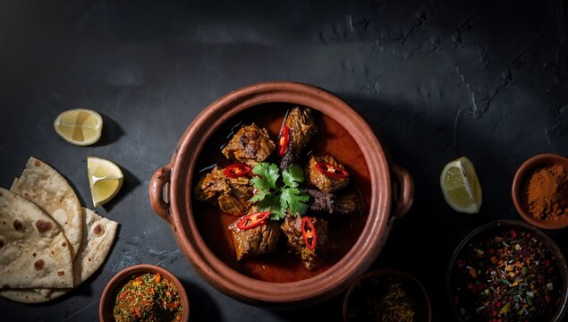 traditional eid al adha feast with spiced mutton curry in terracotta pot and flatbread