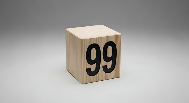 A single wooden block displaying the number ninety nine against a neutral background