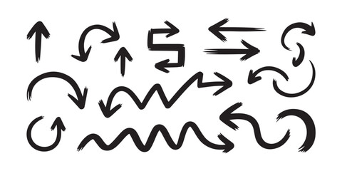 Fototapeta premium Set of black hand drawn arrows vector collection of different shapes and styles doodle scribble direction pointers.