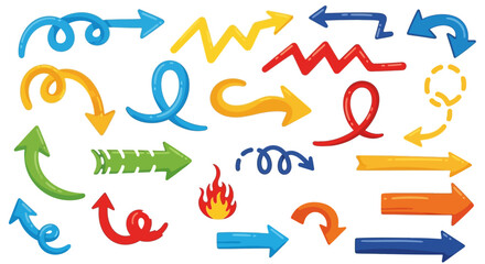 Obraz premium Set of colorful hand drawn doodle arrows and a fire icon on white background.