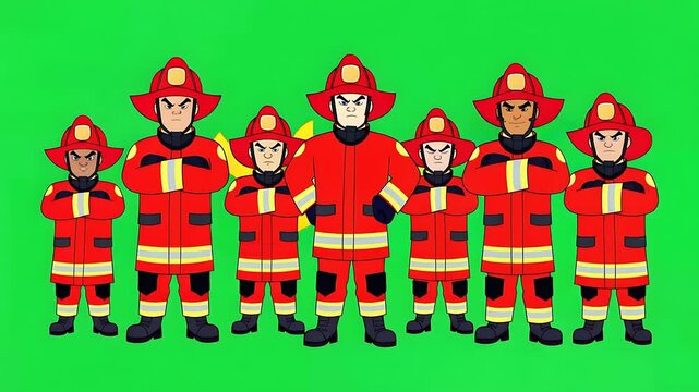 Cartoon Firefighter Team in Red Uniforms with Helmets Standing on Green Screen Background