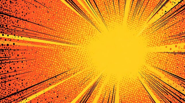 Vibrant orange and yellow comic book style explosion background with black lines.