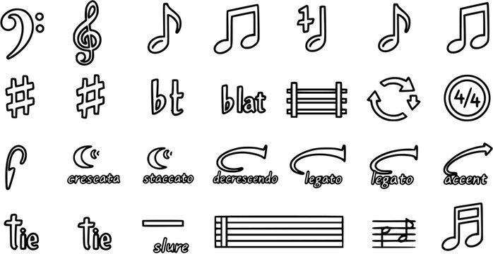 Music Notation Symbols Line Art Icons Set. Outline Musical Elements like Clefs, Notes, Sharps, Flats, Crescendo, Staff, and Time Signatures.