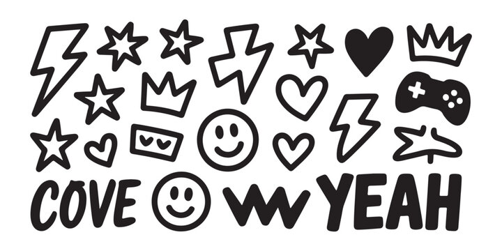 Set of cool hand drawn doodle elements, black stylish symbols, words and shapes on transparent background.