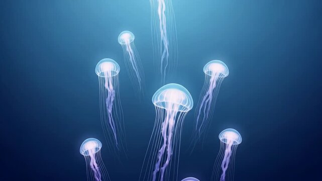 A mesmerizing group of luminous jellyfish gracefully swimming in the deep blue ocean.