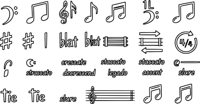 Black and White Line Art Music Notation Symbols and Text for Education