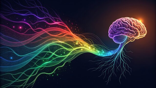 A glowing human brain connected to vibrant, colorful neural pathways spreading outward in a dark background, symbolizing creativity and intelligence.