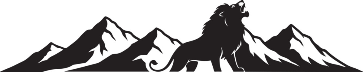 Obraz premium Black lion, mountain range, snow-capped peaks, vector silhouette