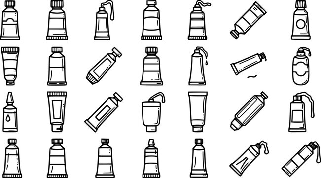 Art and Beauty Packaging Line Art Doodle Icons. Hand-drawn Black and White Tubes, Bottles, and Containers for Cosmetics, Paints, and Craft Supplies Collection.