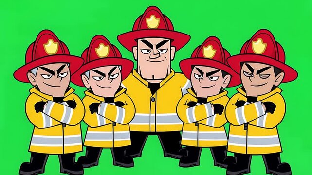 Cartoon Firefighter Squad in Yellow Uniforms and Red Helmets, Arms Crossed, on Green Background