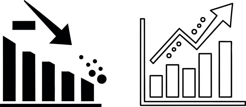 Bar charts illustrate a downward trend with falling bars and scattered dots, contrasting with an upward trending graph showing growth.