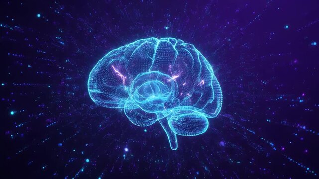 digital human brain wireframe with glowing particles and neural activity concept