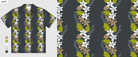 Hibiscus Hawaiian shirt mockup with tropical leaves pattern, summer fashion textile design for beachwear, casual clothing, bright fabric and print ready artwork © kirkchai