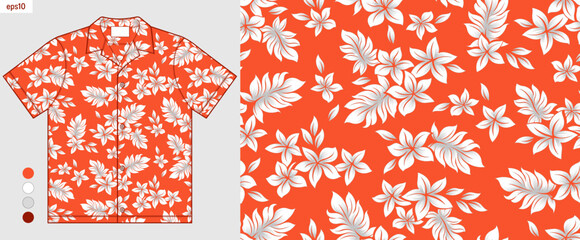 mockup of Hawaiian shirt featuring hibiscus and tropical leaf pattern orange background. summer fashion textile design for beach wear, casual wear printable artwork. © kirkchai