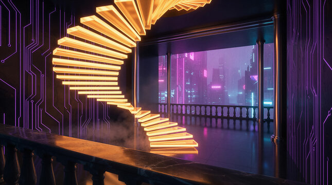 Impossible light beam staircase in digital mansion