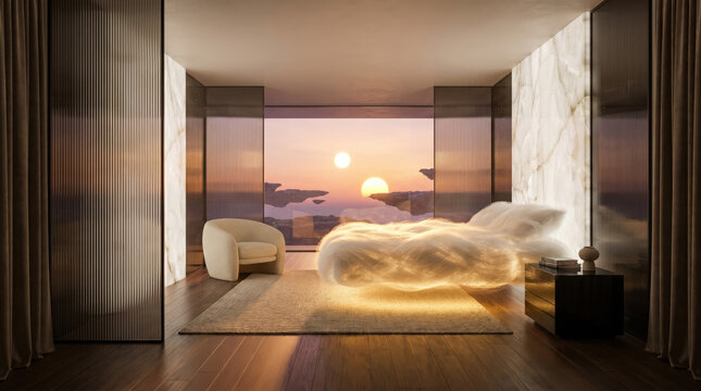 Luxury virtual bedroom with twin sun sunset view