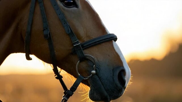 Tender moment human hand touching horse's nose during golden hour