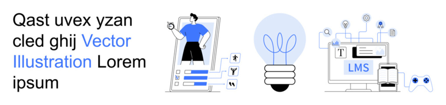 Data analytics, innovation, e-learning, technology integration, creativity, education evolution. A person in a digital interface, a smart bulb and an LMS system. Data analytics and innovation