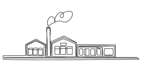 Obraz premium Continuous single line drawing of an industrial factory building with a smoking chimney for manufacturing or production concepts in a simple minimal style Vector, illustration