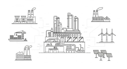 Naklejka premium Industrial factory complex with solar panels and wind turbines illustration.
