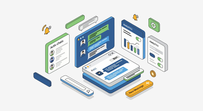 Isometric illustration of various digital interfaces and web elements.