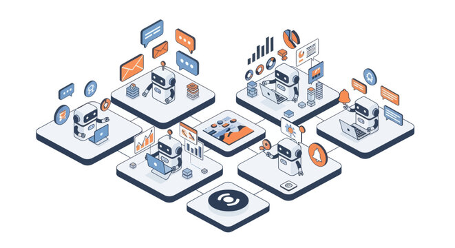 Isometric Robots and Technology Network Illustration.