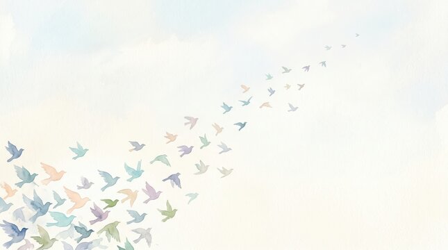 Gentle watercolor birds ascend gracefully through a peaceful light blue and yellow sky