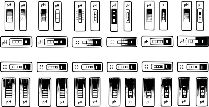 Medical  Health pH Test Strips and Rapid Diagnostic Kits Vector Line Art Icons Set. Black and White Chemistry and Science Indicators.