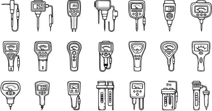 Hand-drawn Outline Icons of Soil and Water Testing Meters for Agriculture  Environmental Science. Black  White Line Art pH, Moisture, EC Instruments.