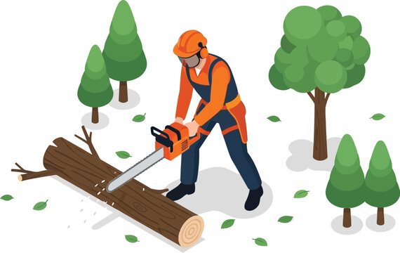 Isometric Illustration of a Professional Lumberjack Cutting a Tree Trunk with a Chainsaw in a Forest Environment for Forestry and Logging Concepts